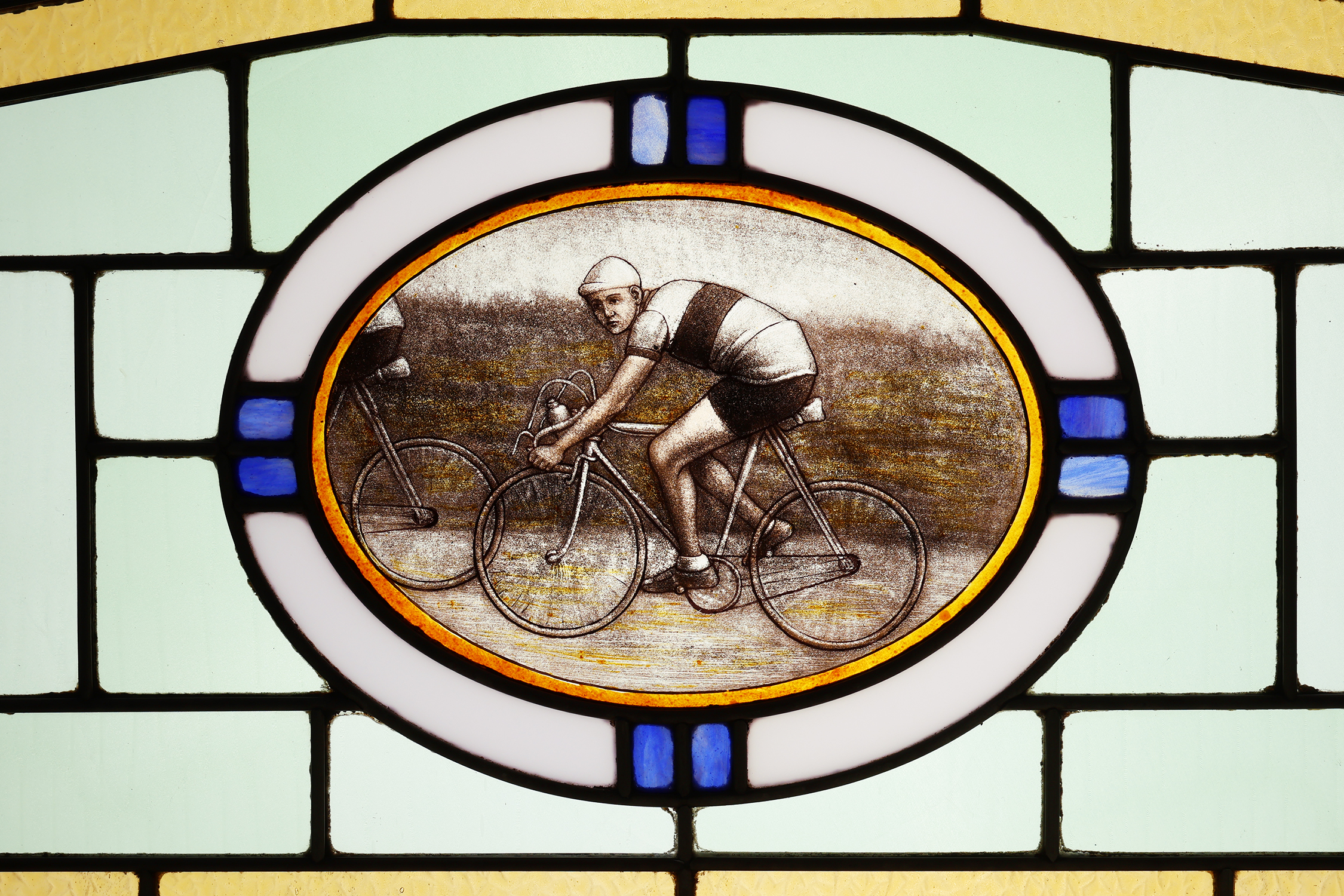 Art Deco Stained Glass Panel Depicting Cyclists in Motion, Belgium ca. 1910thumbnail